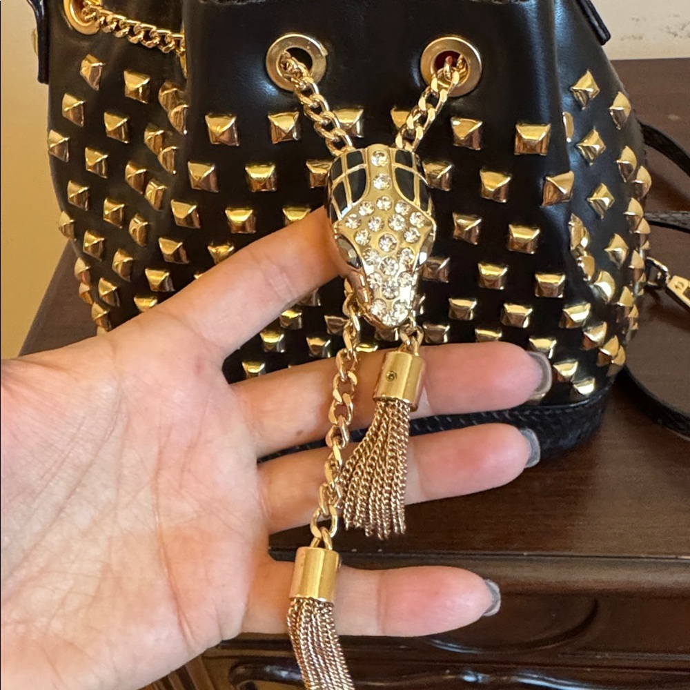 Aldo Black and Gold Snake Studded Bucket Bag with Crossbody Strap - Picture 2 of 12